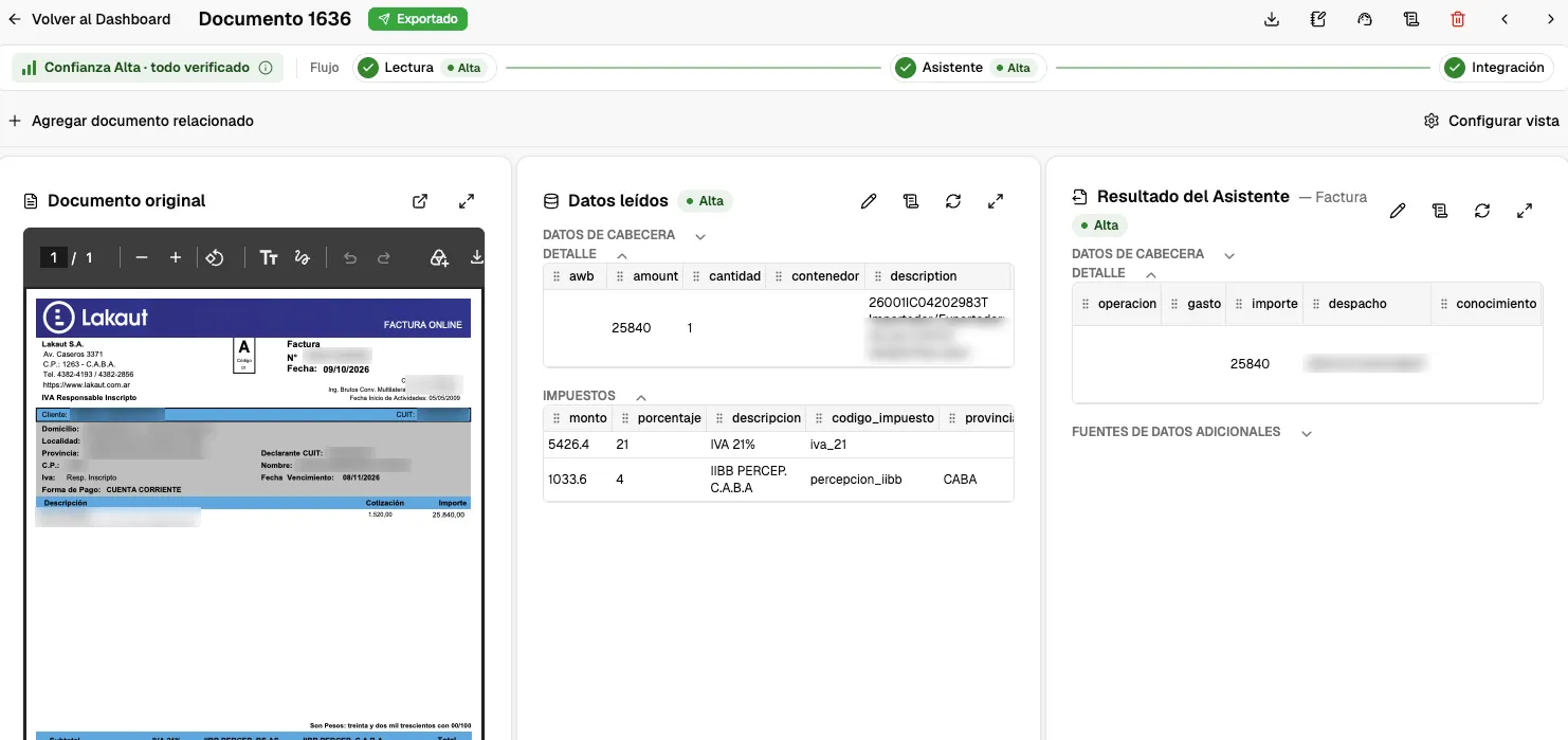 Detalle de documento con confianza alta en lectura y asistente, todo verificado
