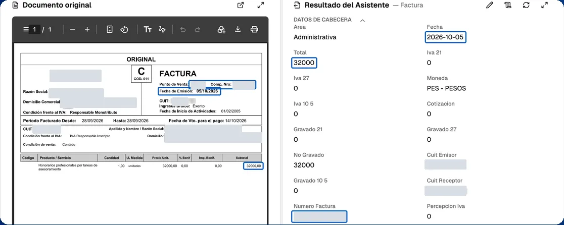 Factura C de honorarios y los datos extraídos por Pometrix; número de factura, CUIT y razón social están tapados