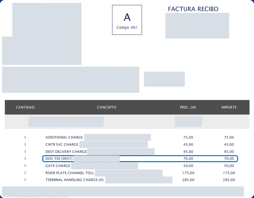 Comprobante de naviera con 7 cargos; los datos del emisor y del cliente están tapados