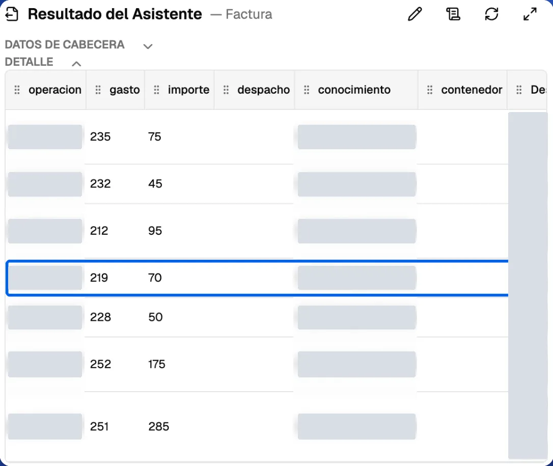 Resultado de Pometrix para un comprobante de naviera: cada cargo en su línea, con su cuenta de gasto e importe