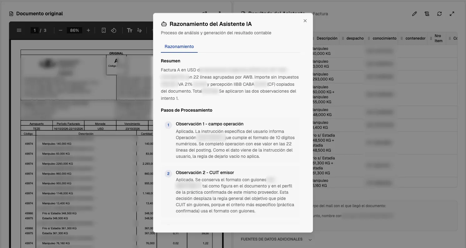 Comprobante procesado por Pometrix: documento original, resultado por línea y el razonamiento del agente con las observaciones aplicadas